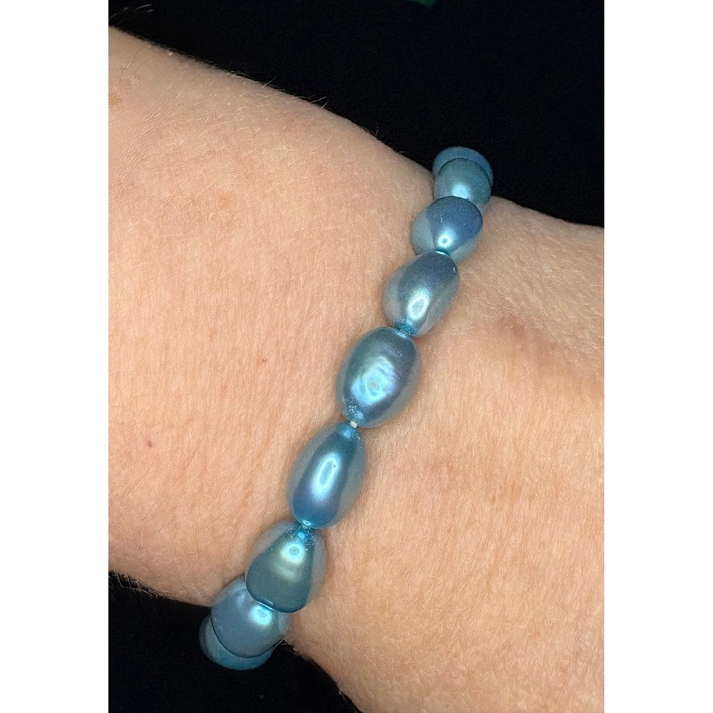 BLUE IRIDESCENT FRESHWATER Pearl Stretch Bracelet Women's‎ MED/LG 7" SIZE